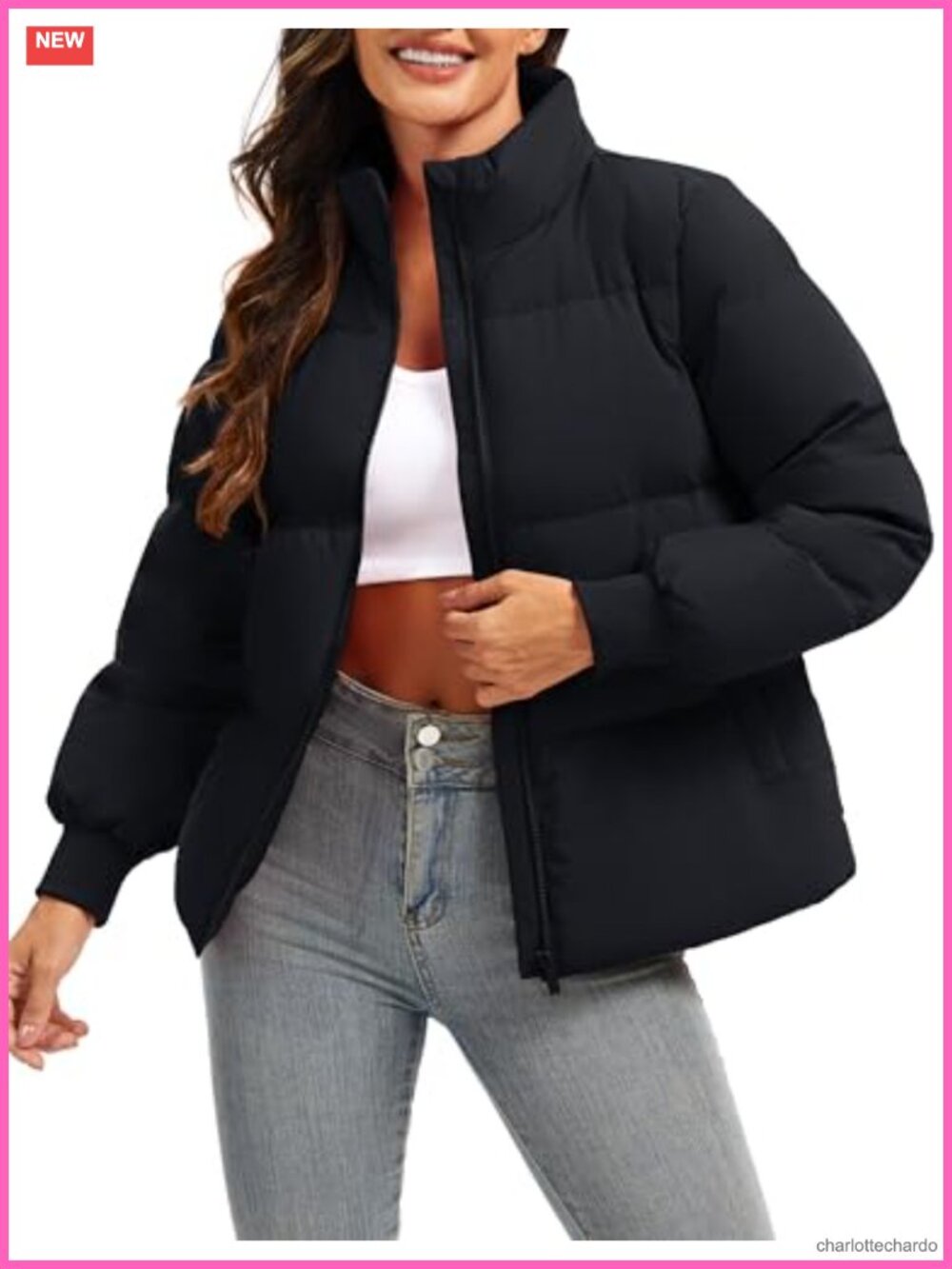 Quilted Duck Down Puffer Jacket Zip Stand Collar Hip Length Women's